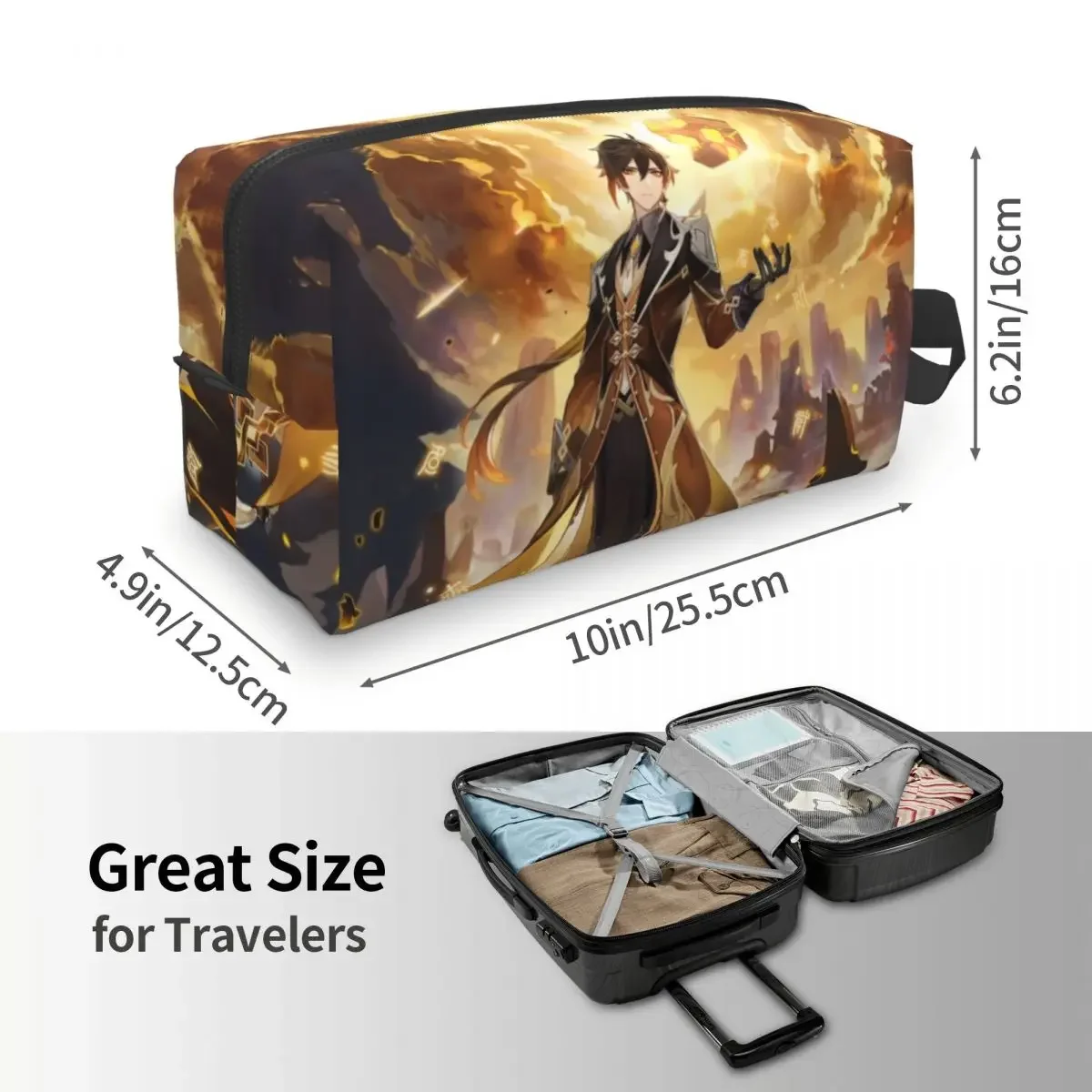 Zhongli Genshin Impact Borsa per il trucco per le donne Organizzatore cosmetico da viaggio Moda Giappone Anime Borse da toilette per riporre giochi