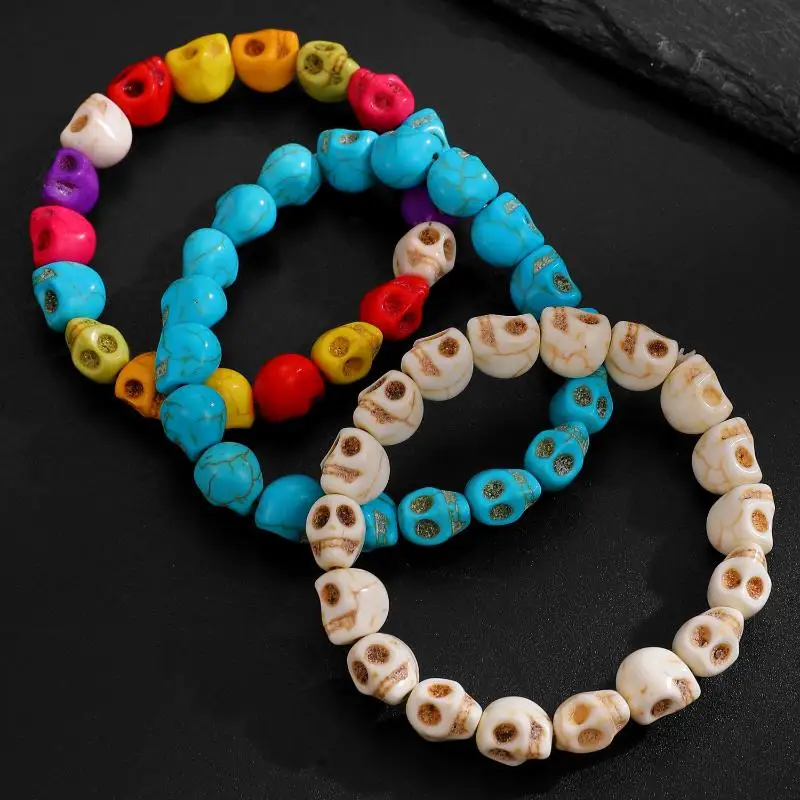 Colorful Punk Skeleton Bead Bracelet Elastic String Skull Jewelry Unique Gift for Friends Halloween Party