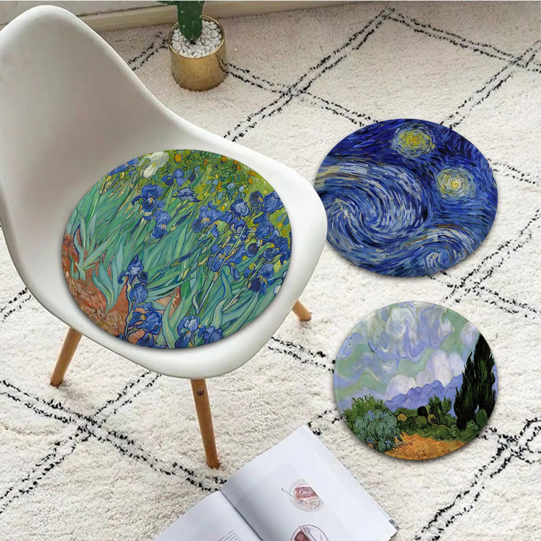 

Van Gogh Oil Painting Art Cushion Mat Tie Rope Chair Cushion Soft Office Car Seat Comfort Breathable 45x45cm Cushion Pads