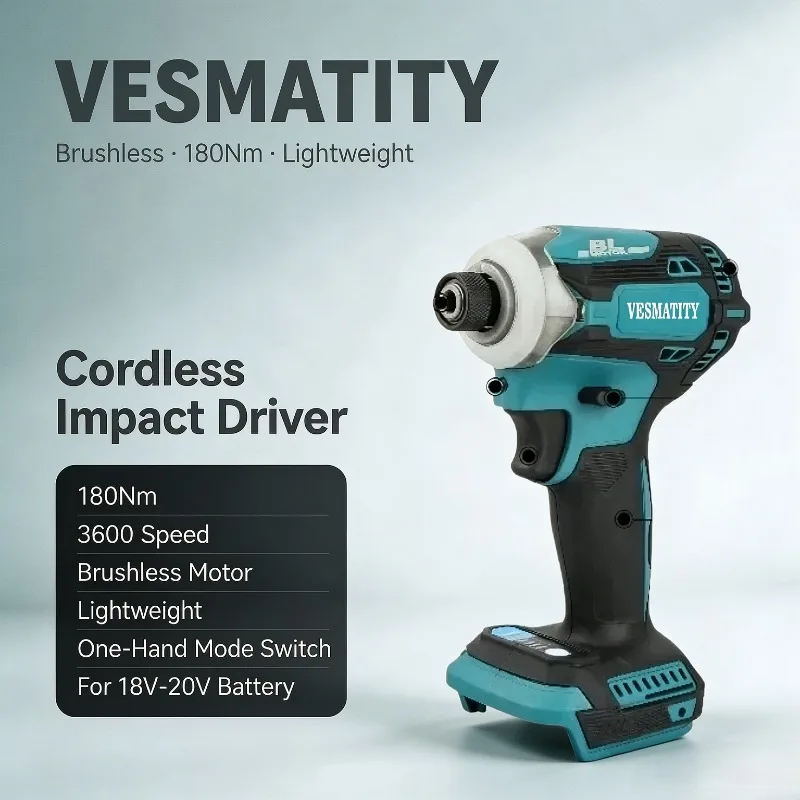 Brushless Cordless Impact Driver 180Nm 290W 3600 Speed One-Hand Mode Switch Lightweight for 18V-20V Battery for DIY Repair