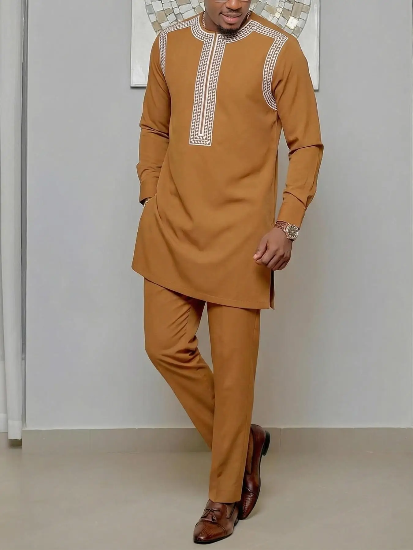 

Men's African Middle Eastern Ethnic Embroidery Wedding Party Dress Two-Piece Set for Formal Occasions