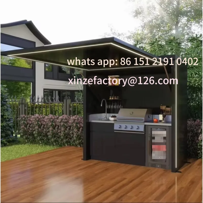 Customizable outdoor barbecue kitchen cabinets with refrigerator sink retractable doors - a one-stop house storage