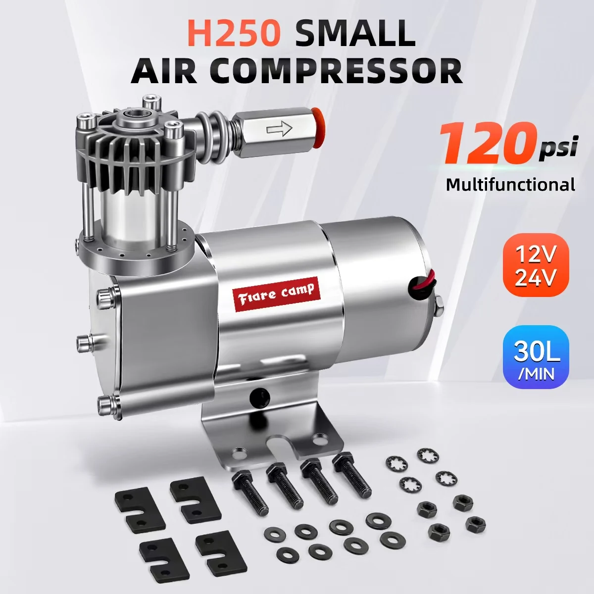 

Small Air Compressor 120PSI 1.03CFM DC 12V/24V with Omega Rack,Compressor for Pneumatic modifications and air suspension- H250