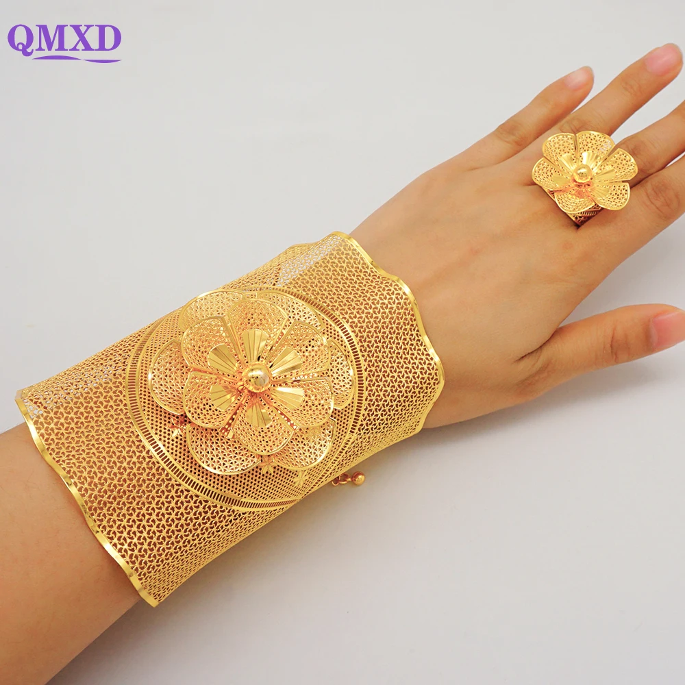 Luxury Dubai Female Big Bangle & Ring For Women Moroccan Big Bracelet Wedding Bride Bracelet Bangles African Arab Jewelry