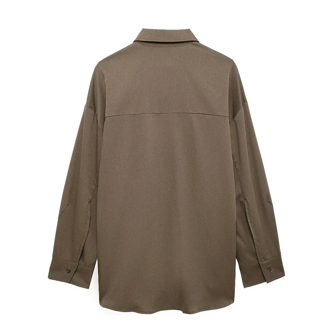 DUOPERI Women Fashion Brown Pleated Single Breasted Blouse Vintage Lapel Neck Long Sleeves Female Chic Lady Shirts