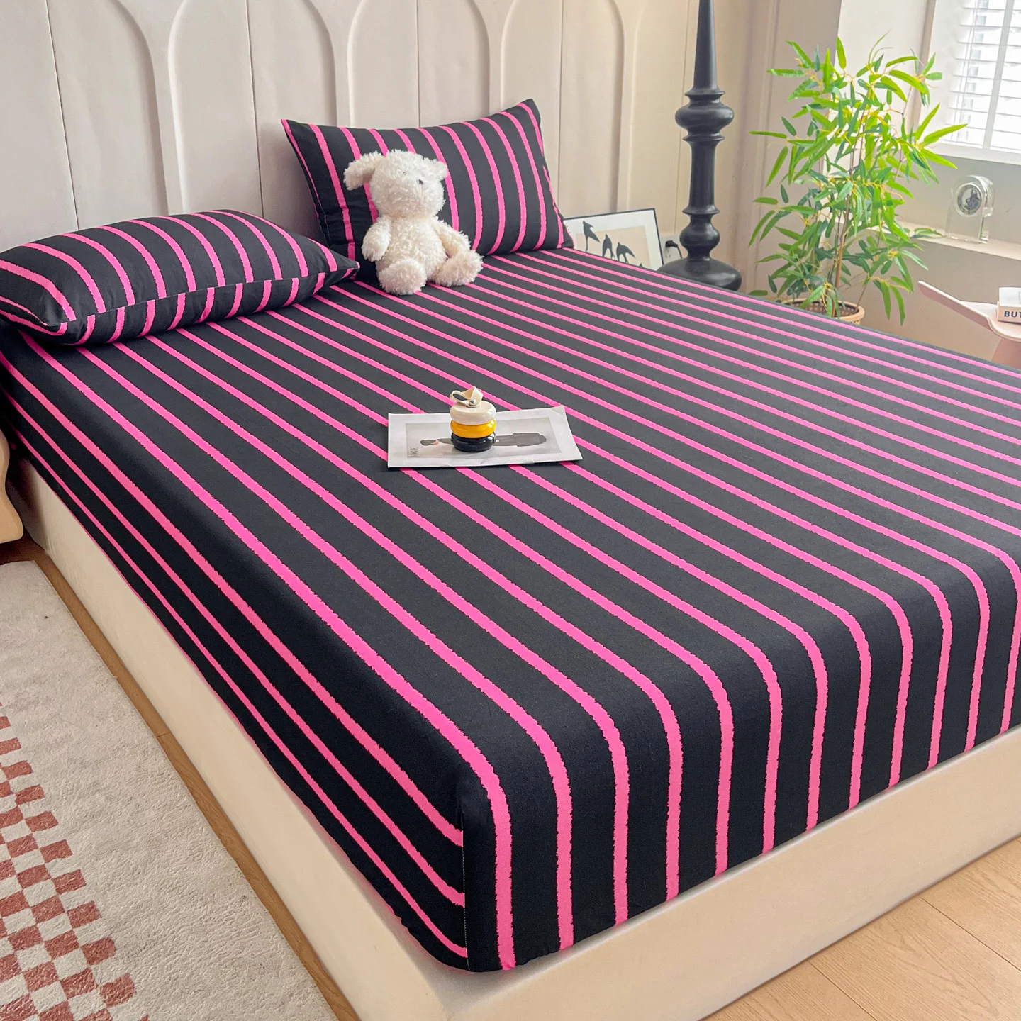 3Pcs Fitted Bed Sheet With Elastic Band Anti-slip Adjustable bow Mattress Cover (Pillowcase without pillow core))