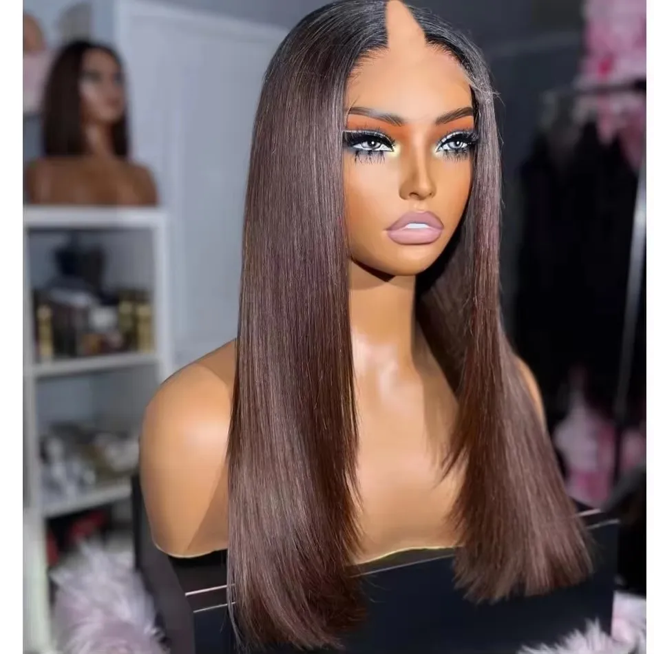Silky Straight Ombre Dark Chocolate Brown U Part Wig 100% HumanHair Women Glueless Hightlight V Part Wig Easy Wear European Hair