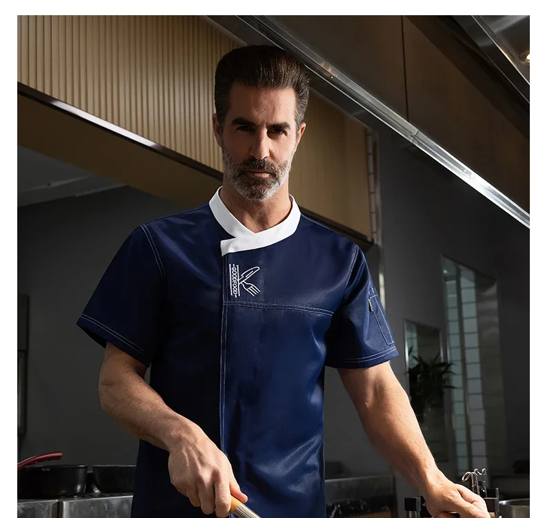 男性シェフ制服半袖黒と白通気性シェフシャツレストランキッチンシェフジャケットエプロン作業服女性