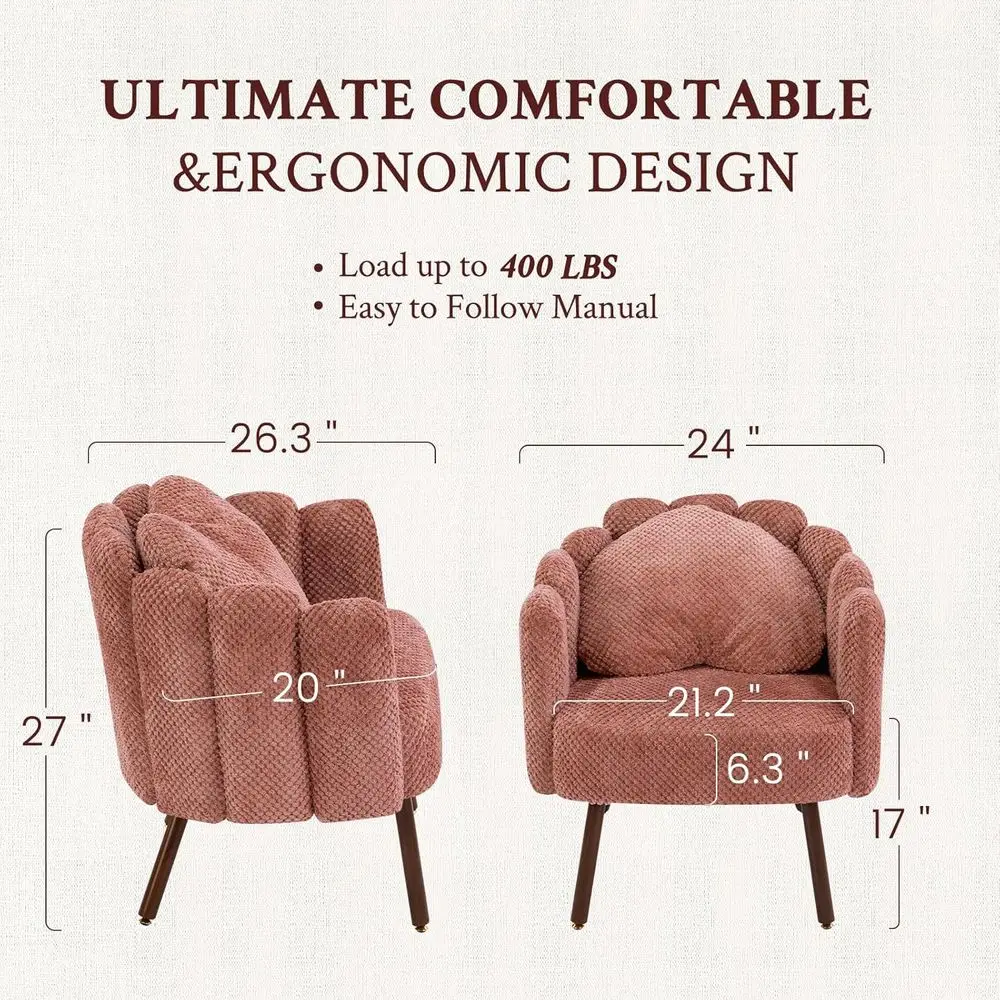 Veet Vanity Chair, Shell Accent Chair with Wooden Legs & Pillow, Petal Reading Chair or edroom Living Room, Makeup Armchair with