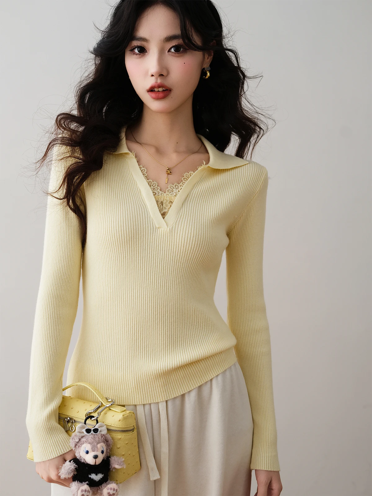 

Korean Sle Simple Lace Collar Knitted Sweater Autumn Slimming Versatile Knitted Top RONRON Long Sve Regular Length ...
