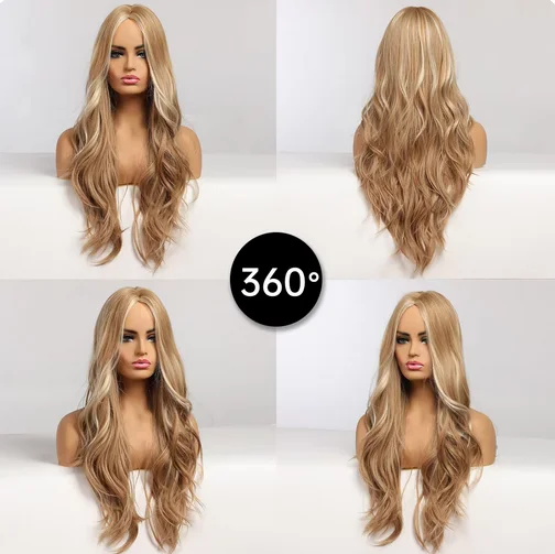 Golden Highlight Blonde Long Wavy Synthetic Wigs Middle Part Natural Hairs for Women Daily Party Heat Resistant Fibers