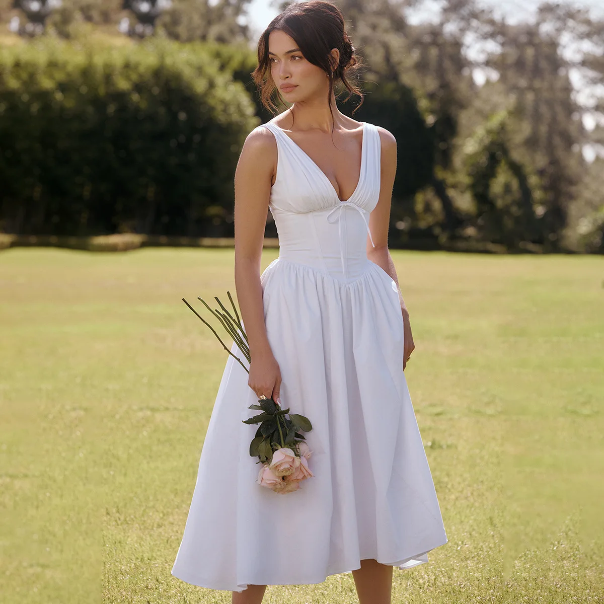 Biaลa plisowana koronka bez plecรณw wakacyjna sukienka damska elegancka seksowna sukienka Bodycon Midi dลuga letnia sukienka Vestidos