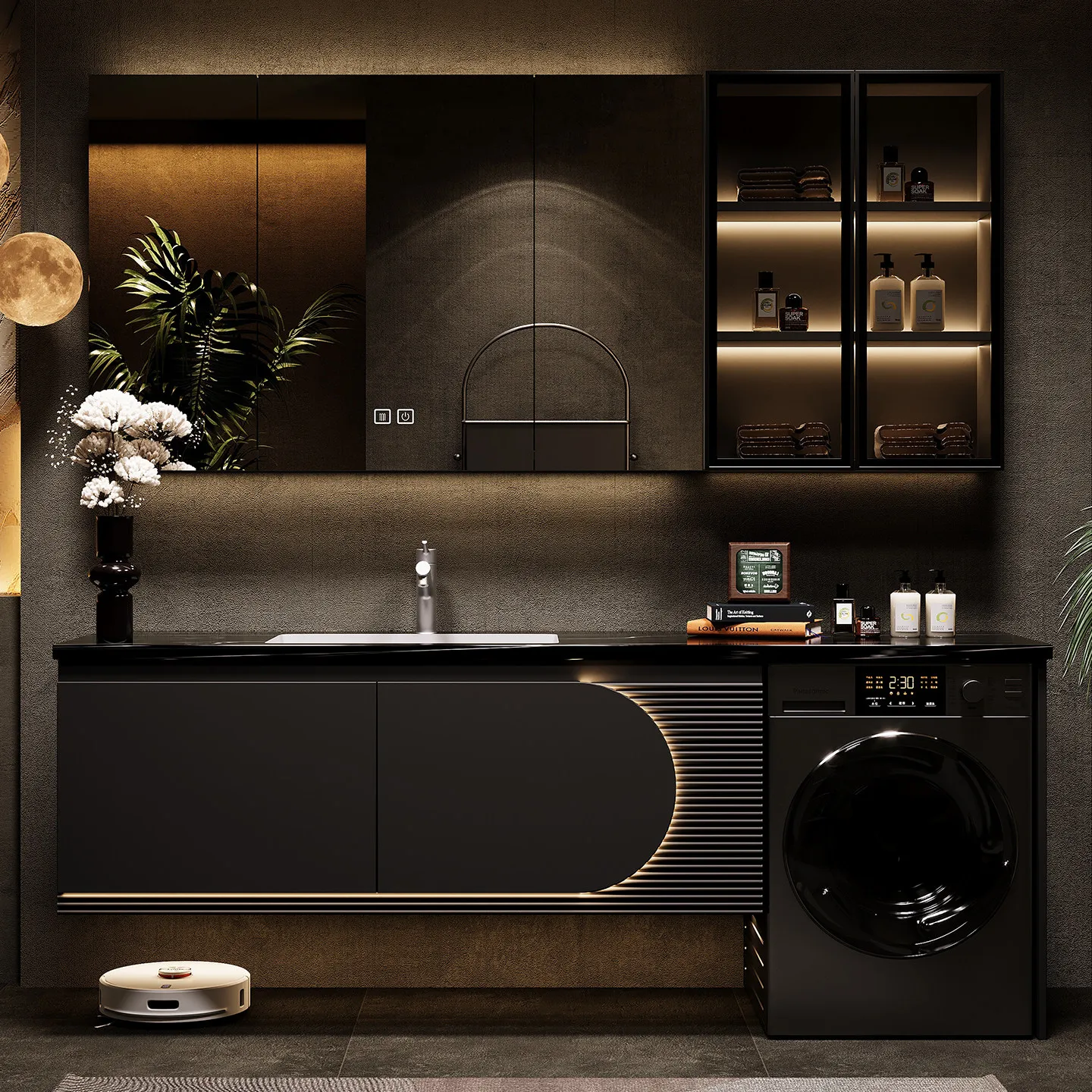 Balcony oak washing machine integrated cabinet, bathroom cabinet combination, bathroom slate washbasin cabinet