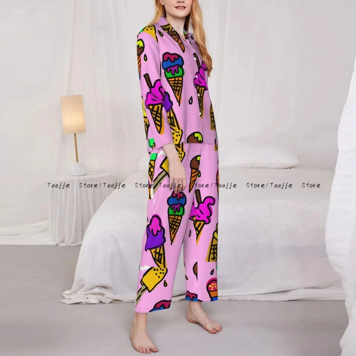 Spring and Autumn Pajama Set Women's Long Sleeve Pants Two Piece Cute Ice Cream Cat Panda Unicorn Home Furnishing Set