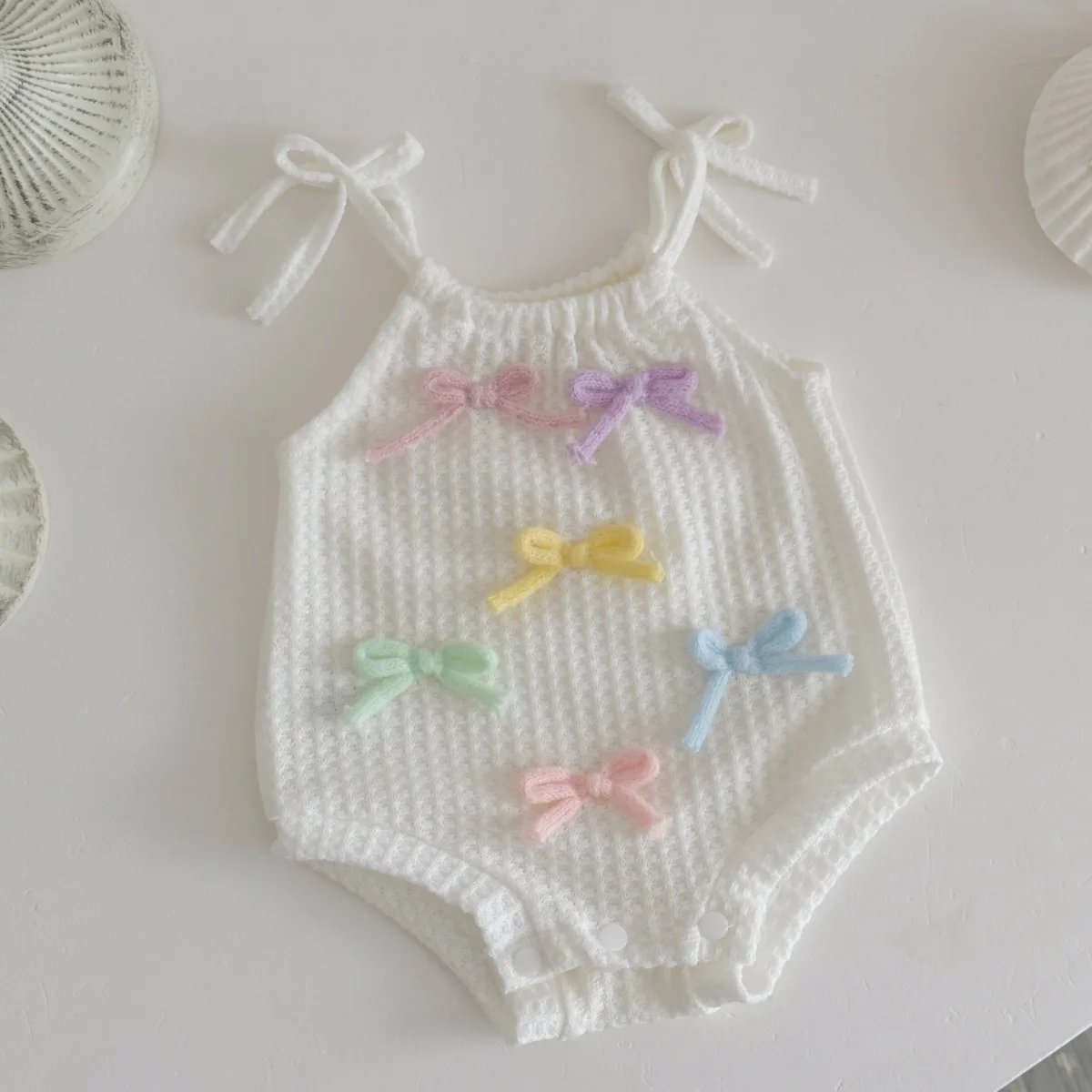 New Baby Girl Clothes Sweet Cute 3D Colorful Bow Tie White Strap Bodysuit Infants Baby Suspenders Romper Fashion Summer Jumpsuit