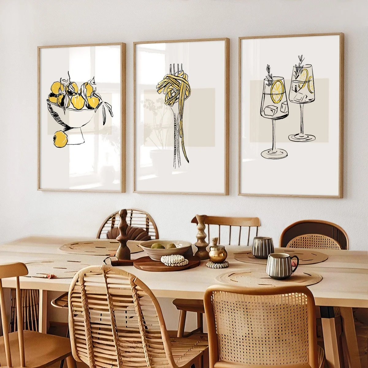 3PCS Frameless,3pcs/set Lemons Pasta Cocktails Illustration Canvas Prints Poster Modern Minimalism Art Prints Dining Room Kitche