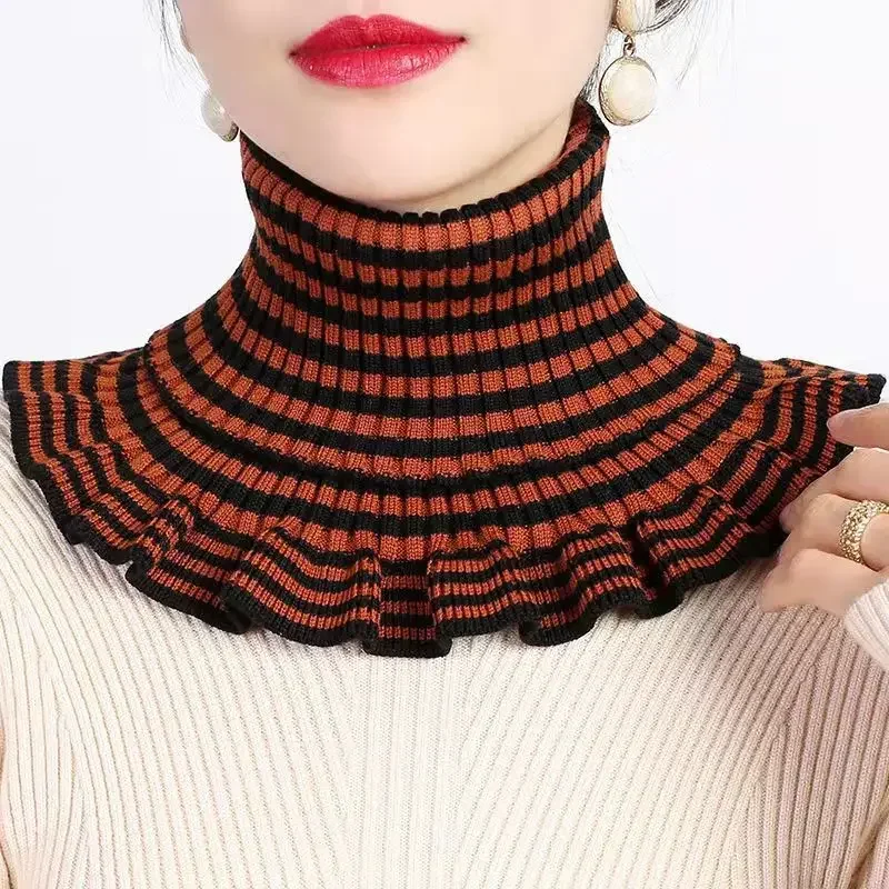 Women Autumn Winter Korea Joker Striped Pullover Thickened Warm Cervical Elastic Knitted False Collar Wool Scarf