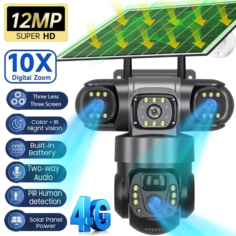 

Pro 12MP 10X Zoom Lente 4G Câmera Solar Externa Três Tela PIR Detecção de Movimento Câmeras de Vigilância de Segurança CCTV V380