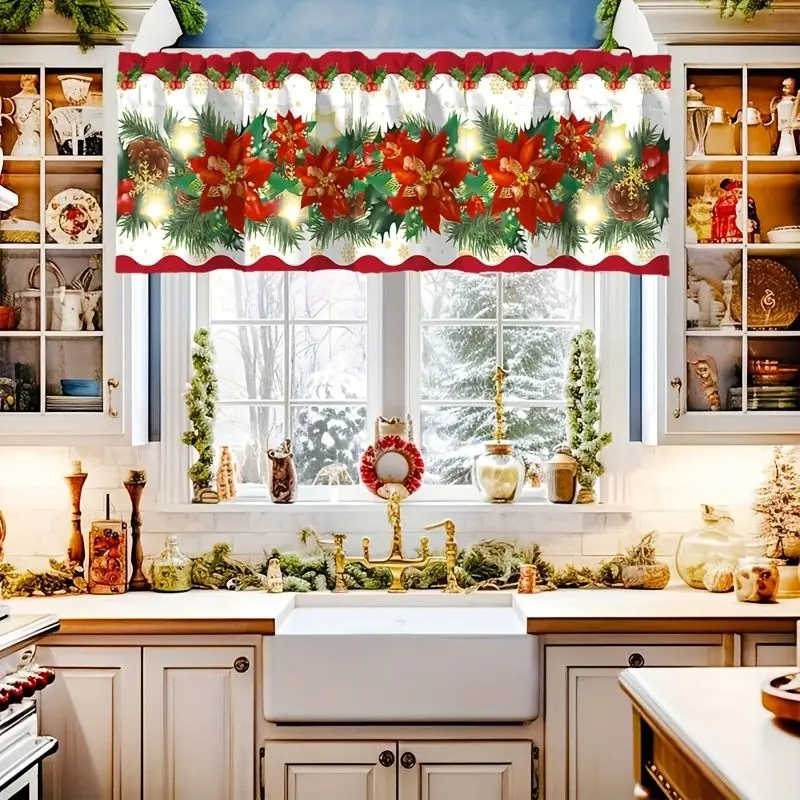 VIKAMA Christmas Window Valance Curtain Santa Snowman Xmas Tree Decor for Kitchen Home Winter Holiday Decoration