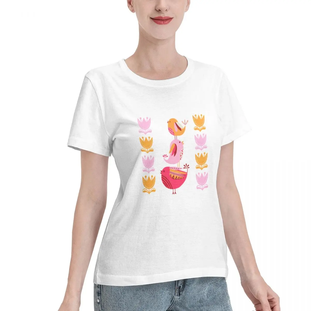 Soft Comfy Happy Pink And Orange Birds And Blooms Women's T-shirt Holiday Casual Regular Fit Tee