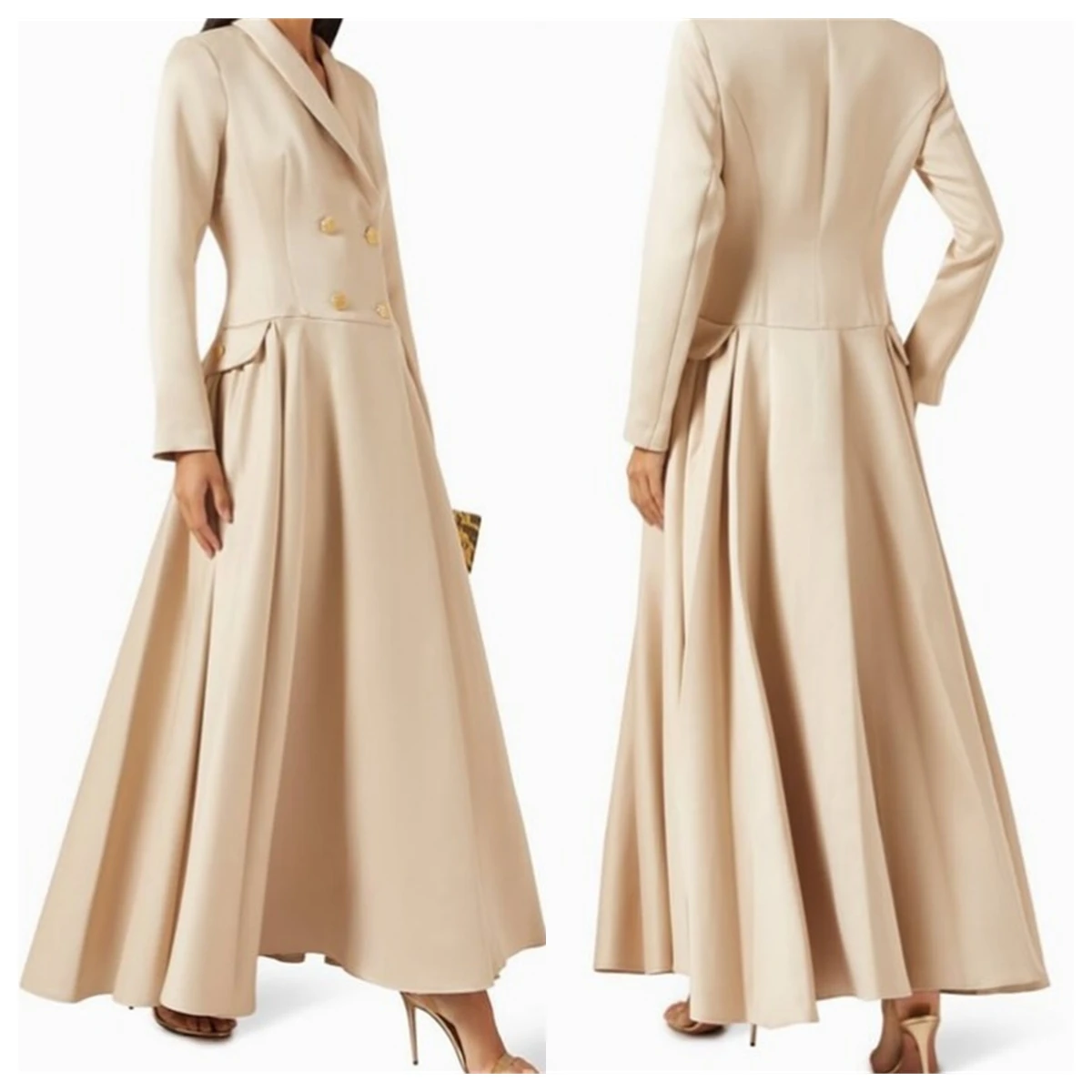 

Customized High Quality Champagne Jersey Evening Dress V-Neck Long Sleeves Vestido De Festa Homecoming Dress Buttons Soft