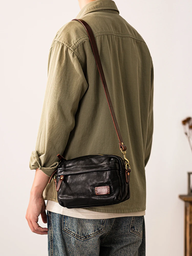 PNDME Vintage casual vegetable tanned cowhide men's shoulder bag weekend outdoor daily party genuine leather sport crossbody bag