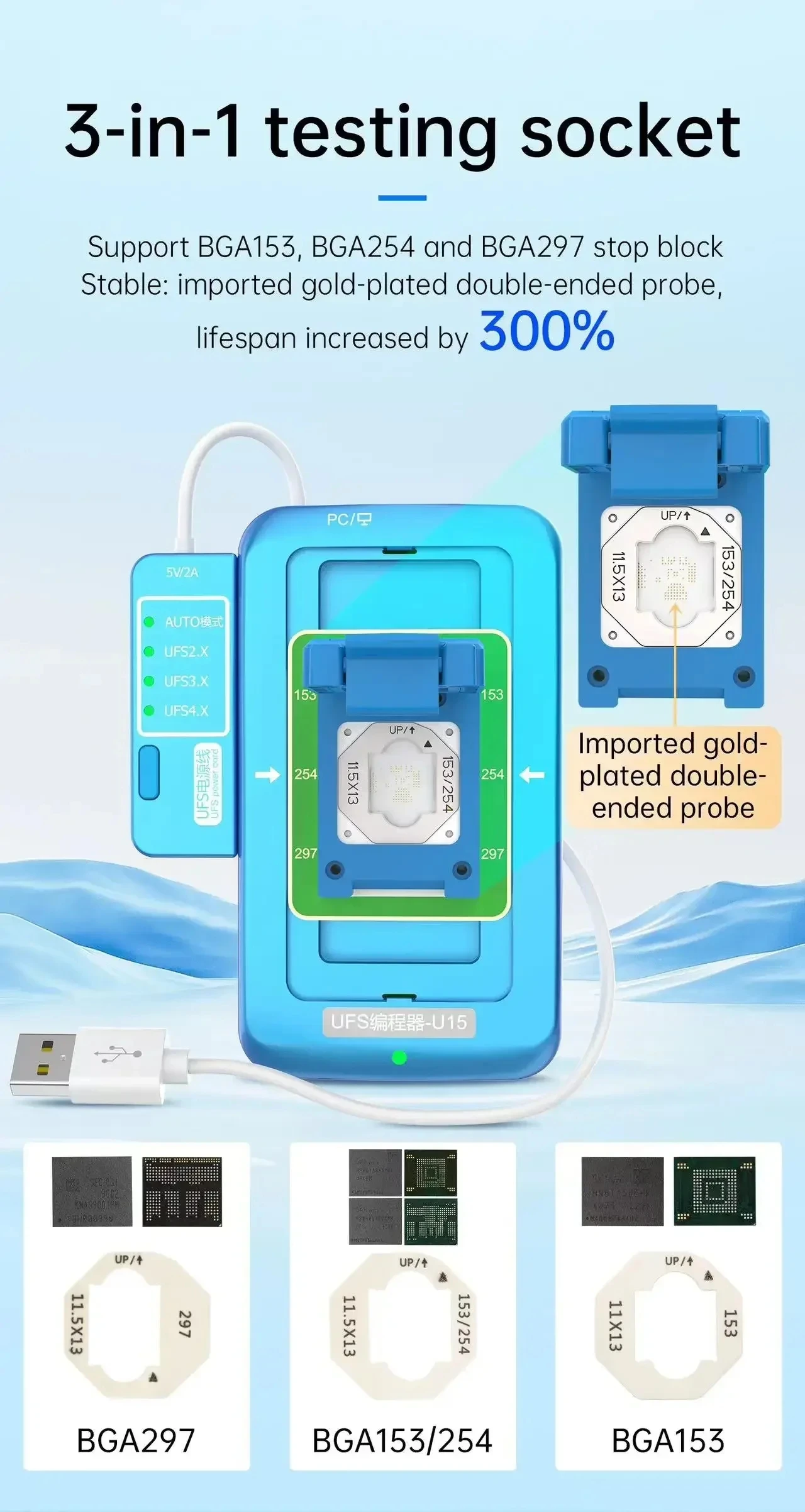 JCID 3 in 1 UFS Programmer U15 for BGA315/254/297 UFS NAND Chip Identify Read and Write USB 3.0 UFS 2.X 3.X 4.X NAND Programmer