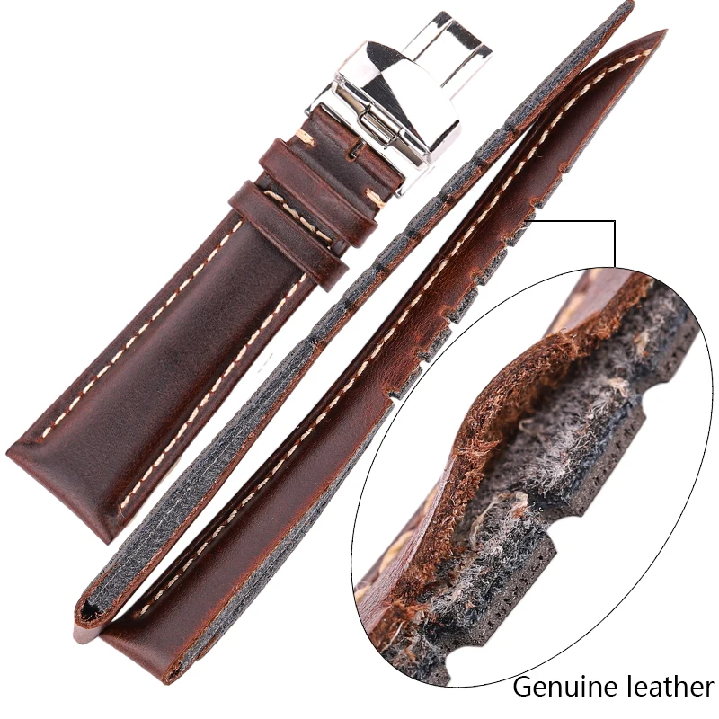 Vintage Smooth Watch Band Black Dark Brown 18-24mm Women Bracelet Strap with Silver Polished Deployment Clasp