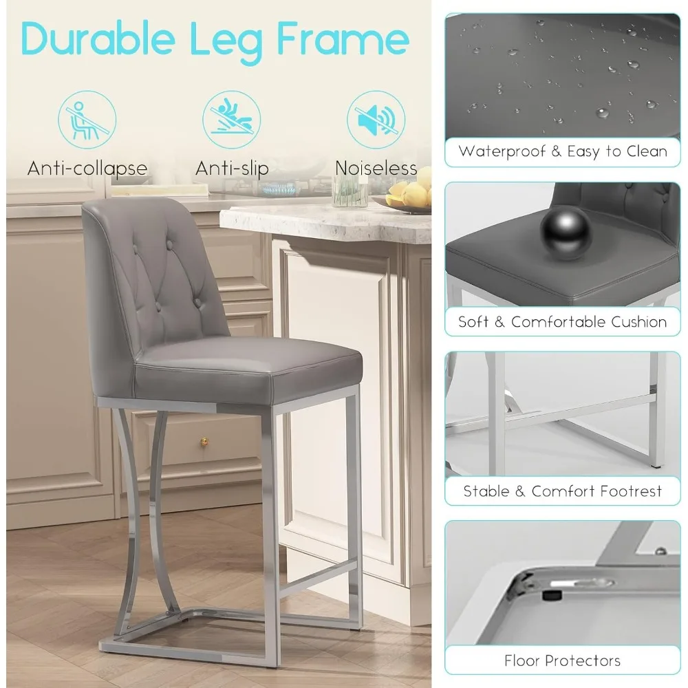 24" Counter Height Bar Stools Set of 2, Grey Counter Stools with Back and Sliver Metal Frame, Modern Luxury Barstools with