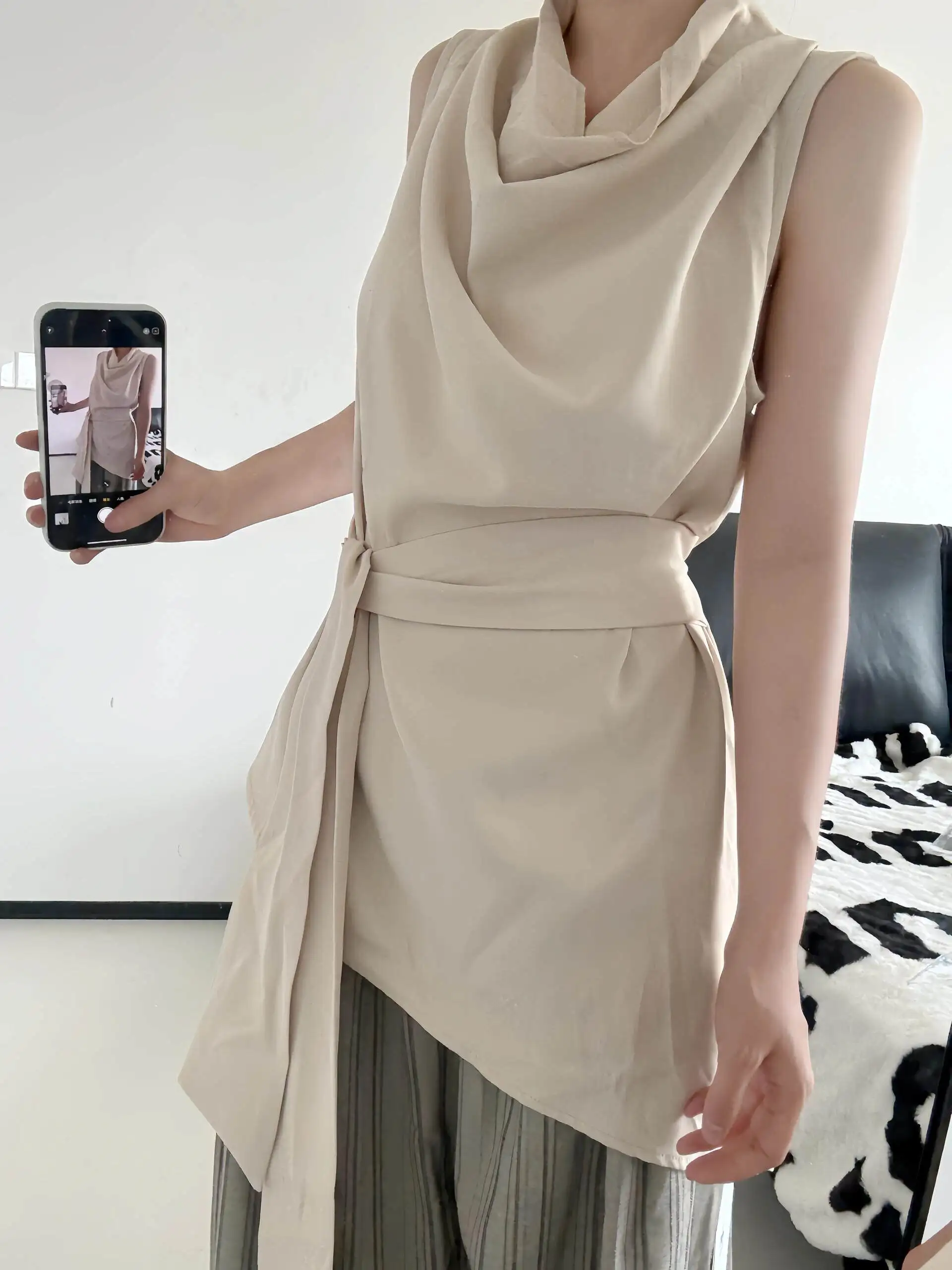 

Korean Style High Waist Wide Leg Pants Women's Summer Slimming Set Belted Design Loose Fit Top with Turn-down Collar