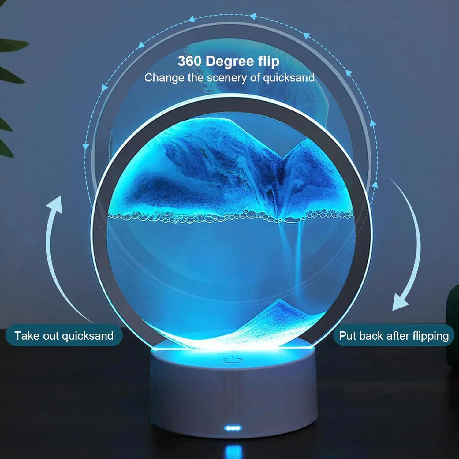 3D ไดนามิกนาฬิกาทรายไฟกลางคืน - USB-Powered Tabletop Lamp สีฟ้า/แก้วนวนิยายโคมไฟตั้งโต๊ะสำหรับห้องนั่งเล่นสำนักงานห้องนอน