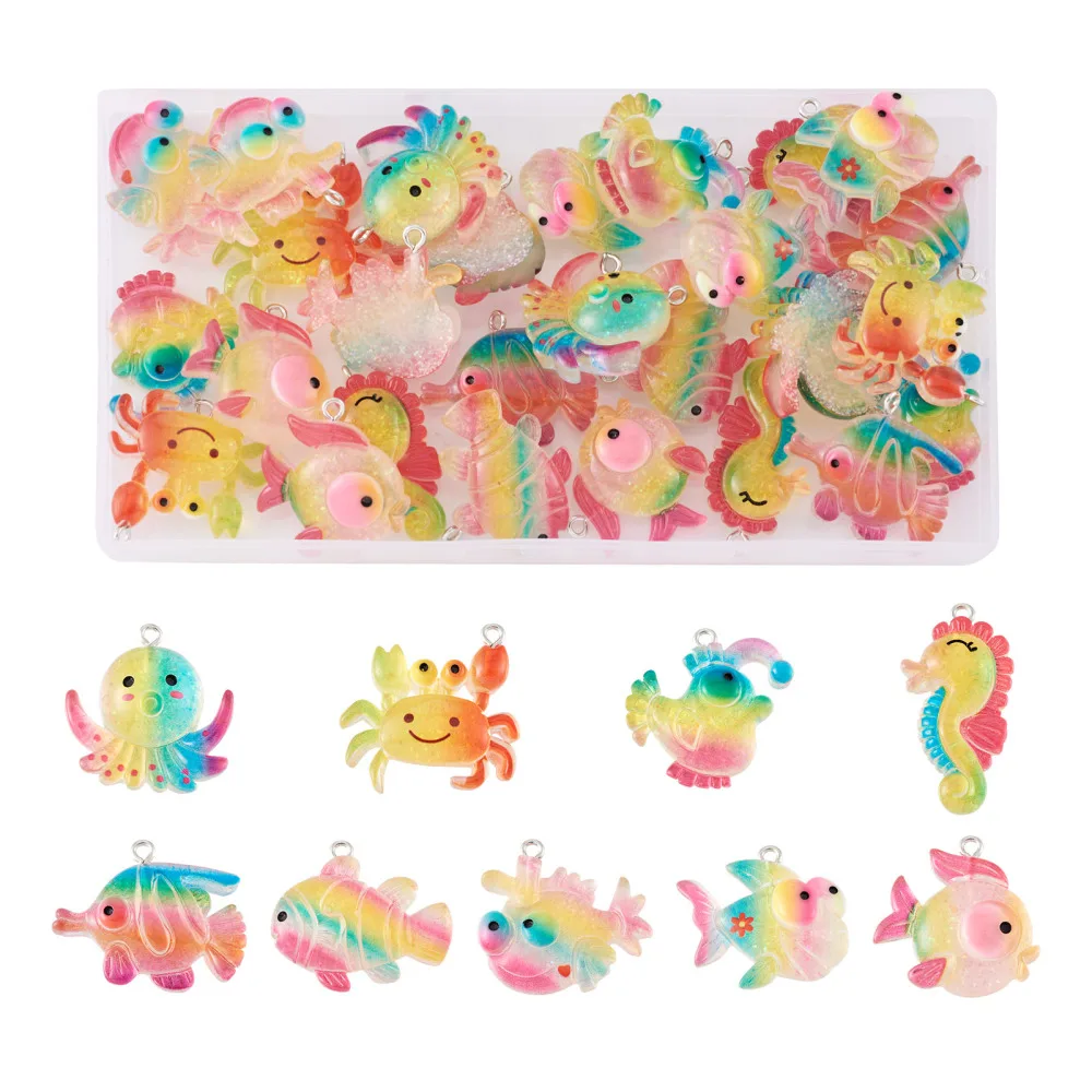 36Pcs Cute Ocean Theme Transparent Resin Pendants Sea Animal Octopus/Sea Horse/Fish/Crab Charms For Earrings Keychain Making