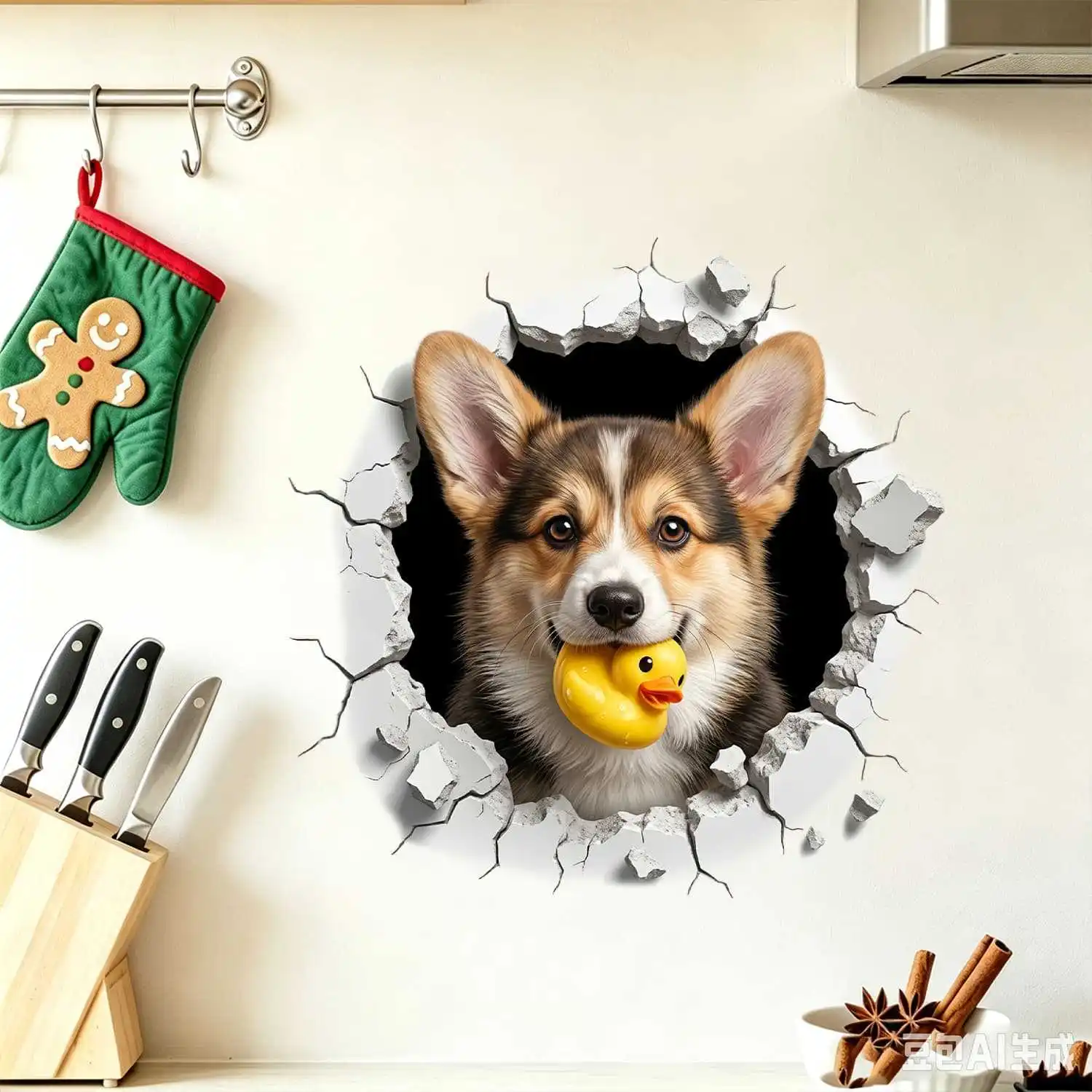 Cute 3D Broken Wall Corgi with Duck Wall Sticker, Self-Adhesive Removable Decal for Bedroom Living Room Holiday Decor