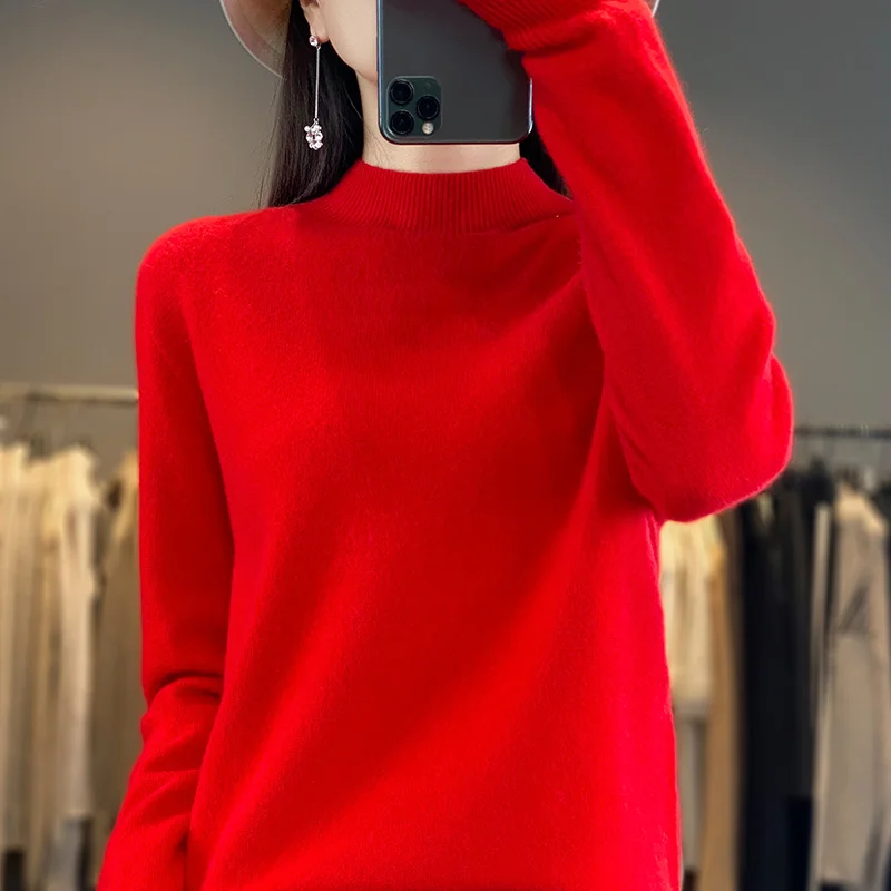 Women's Sweater Pullover Long Sleeved Autumn And Winter New Pure Wool Half High Neck Loose Fitting Versatile Tops Korean Version