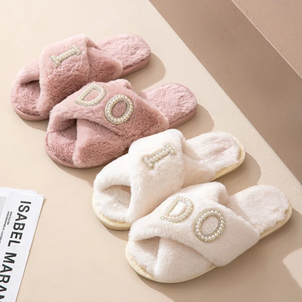 I Do Bridal Slippers Winter Warm Wedding Decoration Fulffy Fur Slippers Soft Bride To Be Gift Plush Flat Slippers Girl Weekend