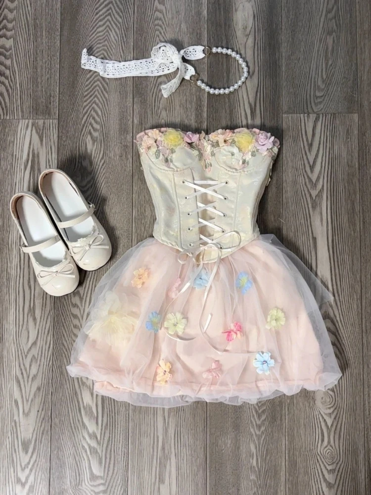 

2026 Summer Japanese Sweet Beach Style 2 Piece Set Women Sexy Design Elegant Tops+Gauze Chic Skirt Female Korean Popular Clothes