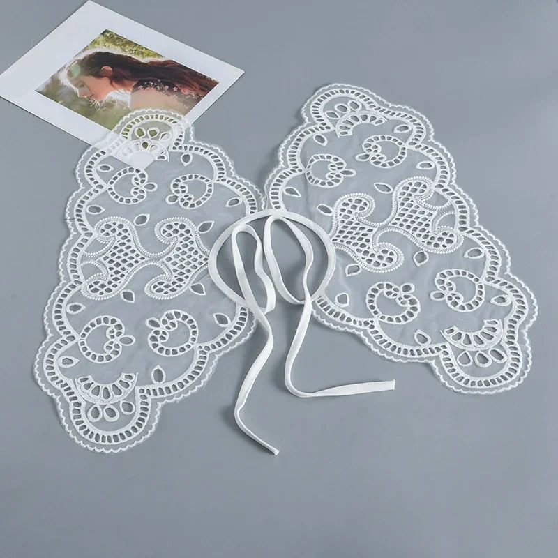 Collar falso Floral de encaje para mujer, chal con cuello desmontable calado, solapa blanca, lazos, Collar falso, bufanda, capa