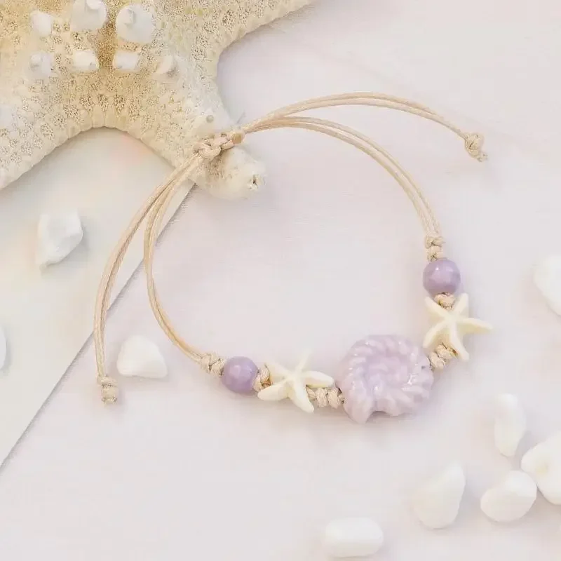 Bijoux Boho réglables, corde à main étoile de mer, coquille d'escargot faite à la main, Bracelet en céramique pour femmes et hommes, décoration DIY, 1 pièce