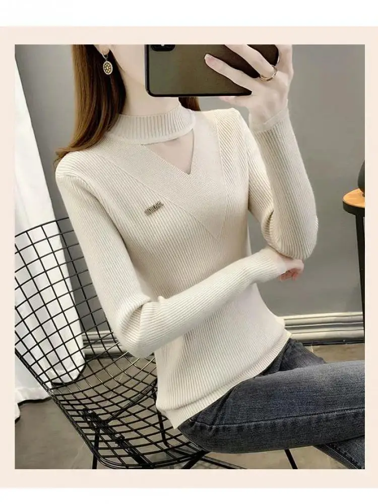 

Autumn Winter Solid Patchwork Mesh Half High Neck Long Sleeve Slim Pullover Sweater Women Versatile Knitted Tops 2025 Trend Chic