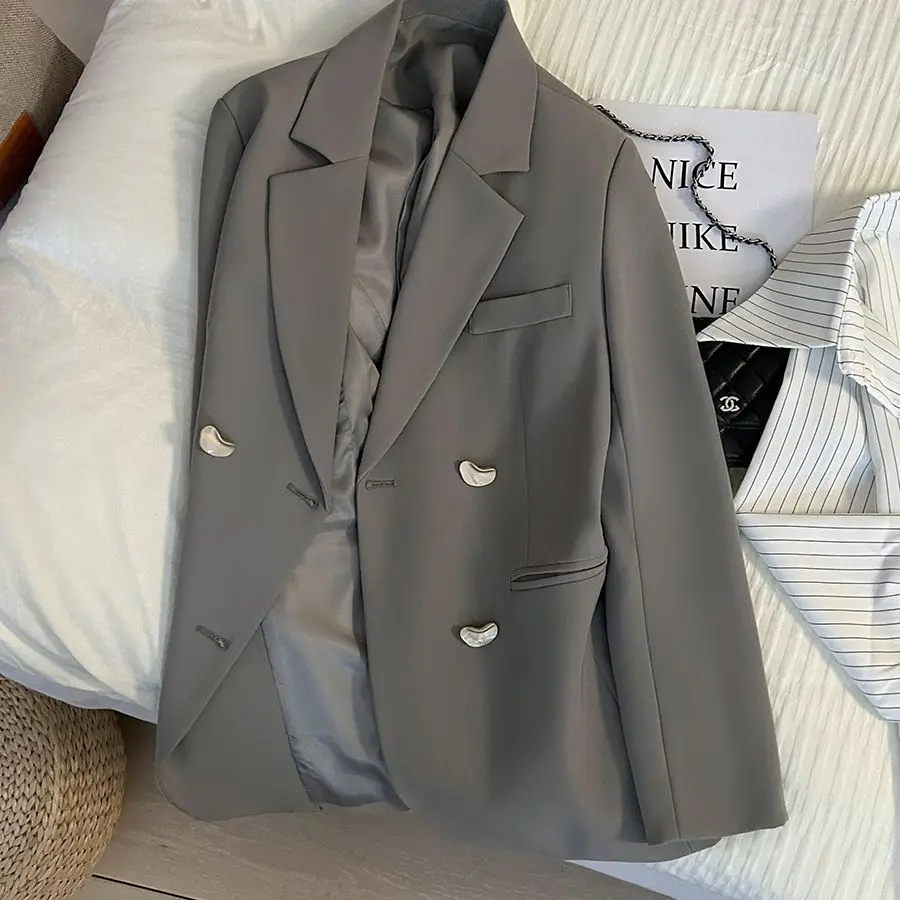 New gray high-end British style suit jacket for spring and autumn 2024, women\'s French texture fashionable small suit