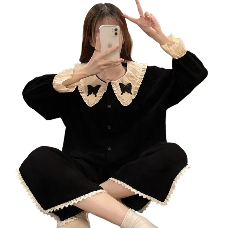 

Simple Butterfly Long-sleeved Pajamas Women's Casual Spring Autumn Summer New Black Loungewear Trousers Set Can Be Worn Outside