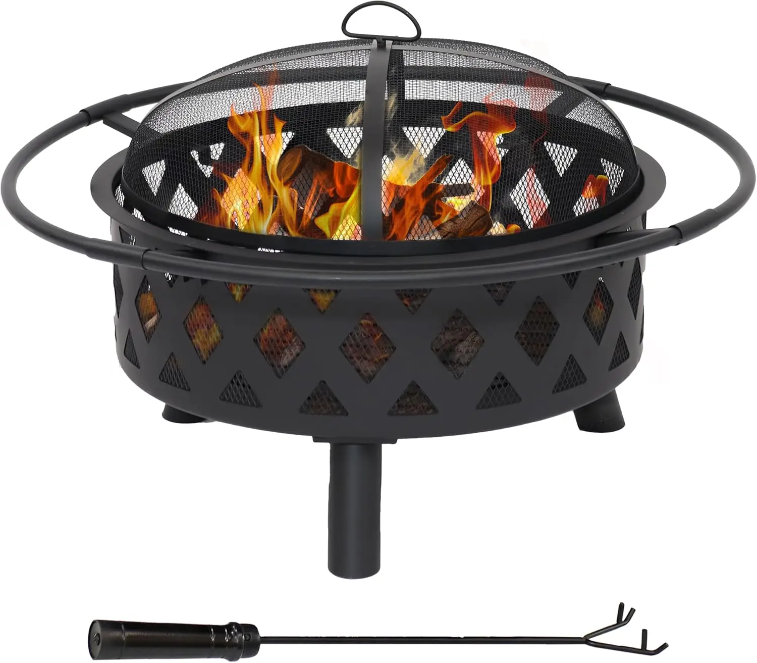 

Sunnydaze Crossweave Outdoor Fire Pit - Wood-Burning Fire Pit for Outside with Spark Screen, Poker and Round Cover - 30-Inch