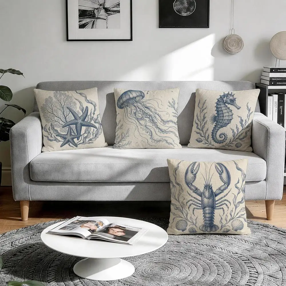 Blue ocean pattern Cushion Cover Natural Breathable Durable Linen Printed Decor Pillow Case Sofa Bedroom