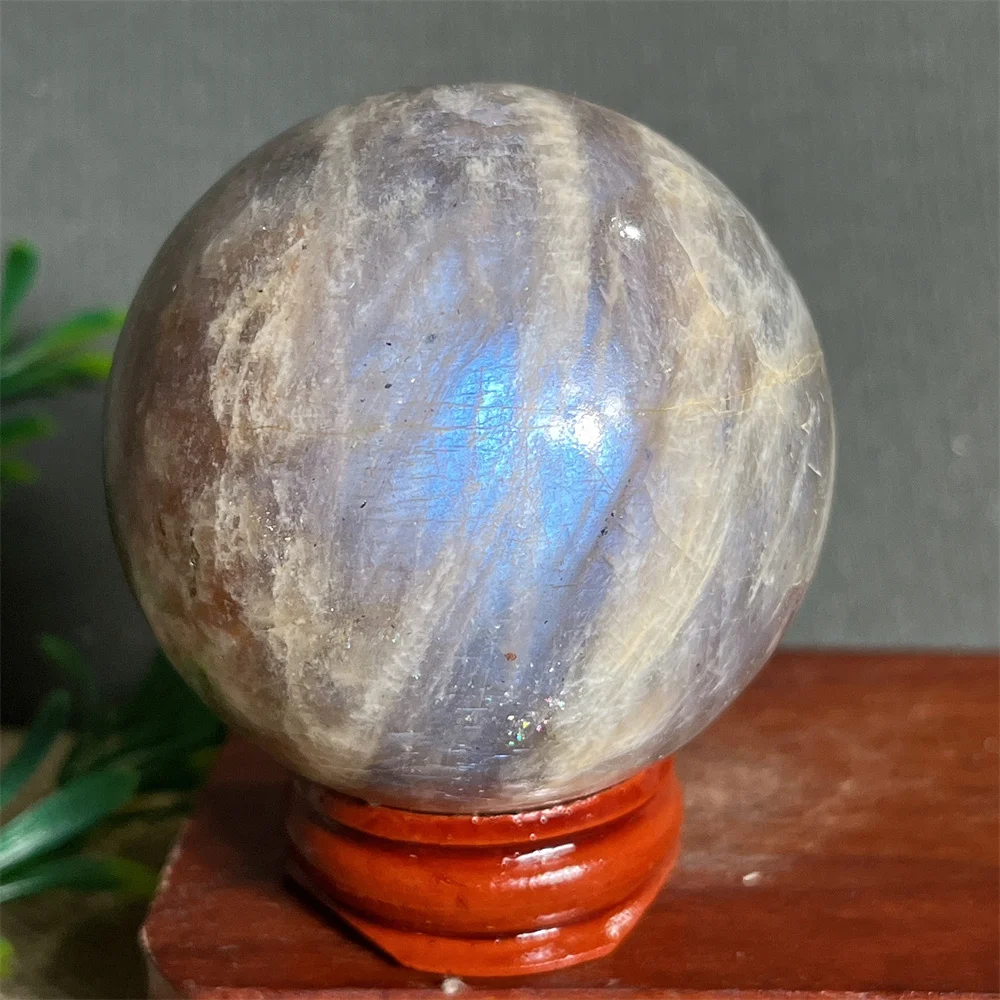 Crystal Natural Moonstone Quartz Sphere Ball Blue Flash  Geode Gemstone Specimen Mineral Samples Home Decoration+Stand