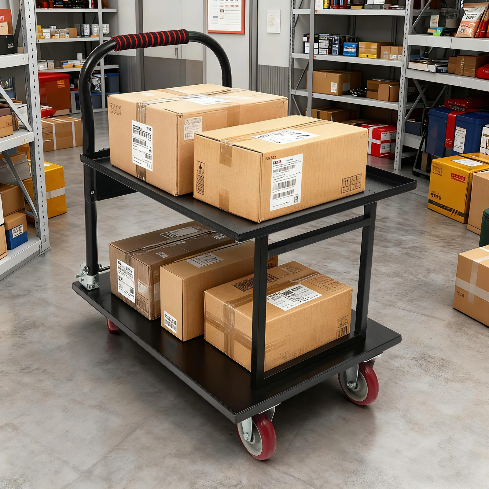 

2-Tier Foldable Push Cart, Efficient Transport Solution Reinforced Architecture for Moving Luggage Grocery Box Heavy Good