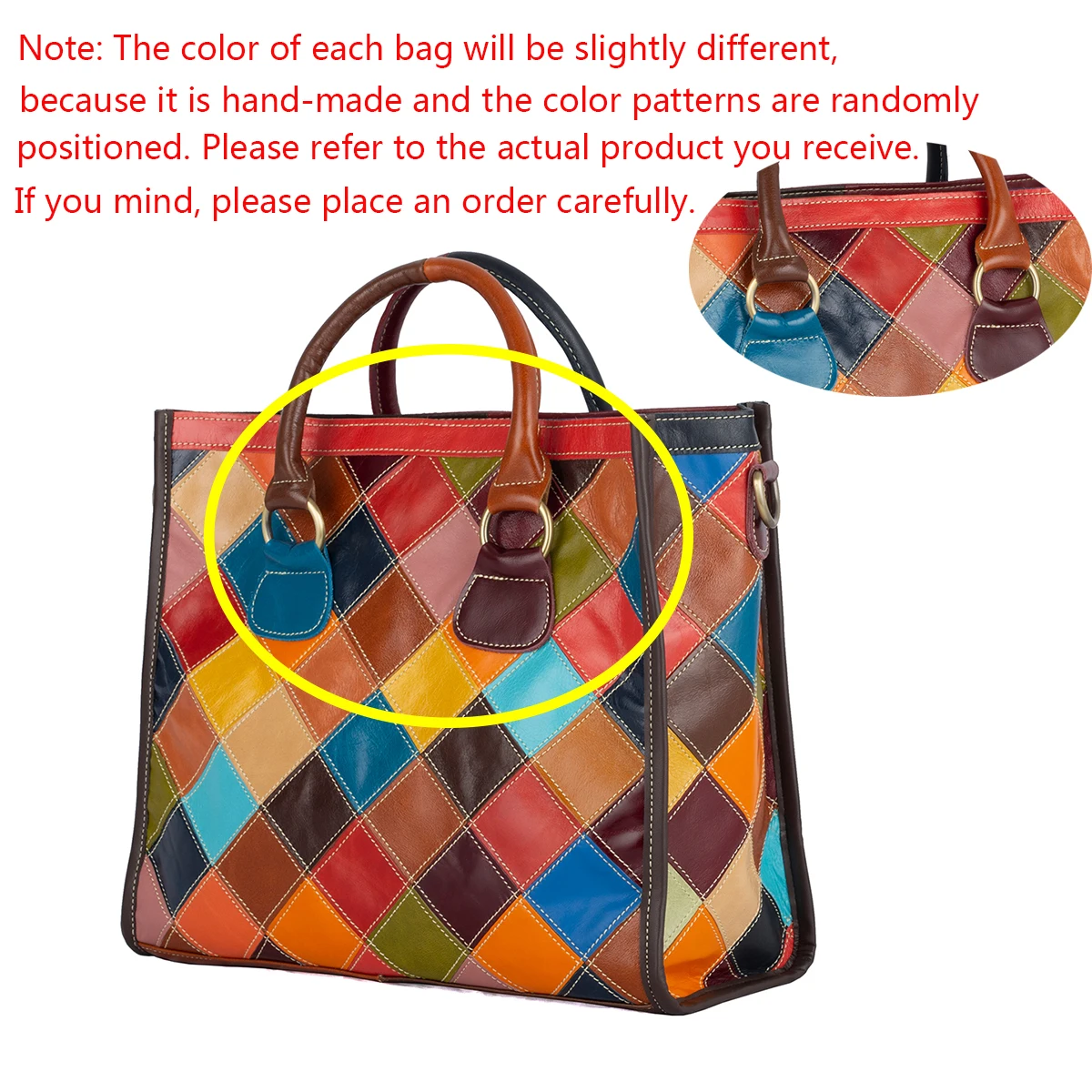 Genuine oil wax leather cowhide plaid splicing color random contrasting casual personality handbag tote bag women\'s bag