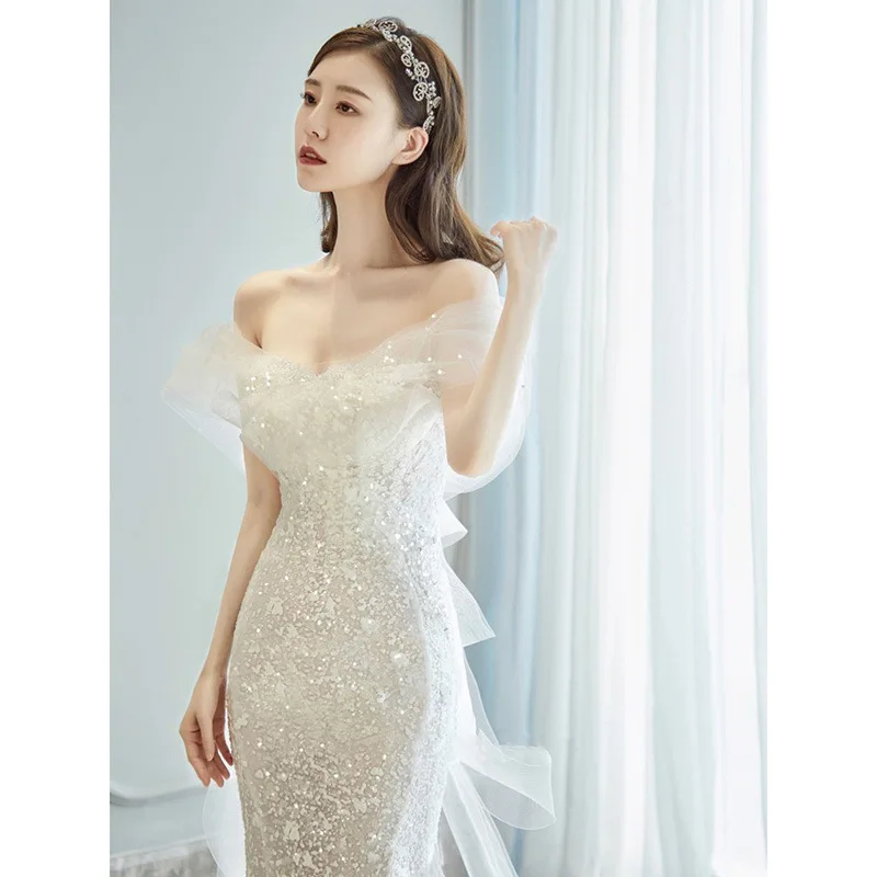 Fishtail Light Wedding Dress 2024 New Bridal off-Shoulder Trailing out Welcome Evening Annual Party Banquet Host