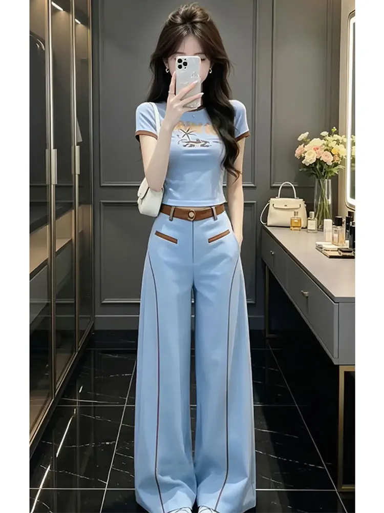 

Casual Slim Fit round Neck Short Sleeve T-Shirt And Straight Leg Pants Women's Two Piece Set Breathable Summer Fashion Outfit
