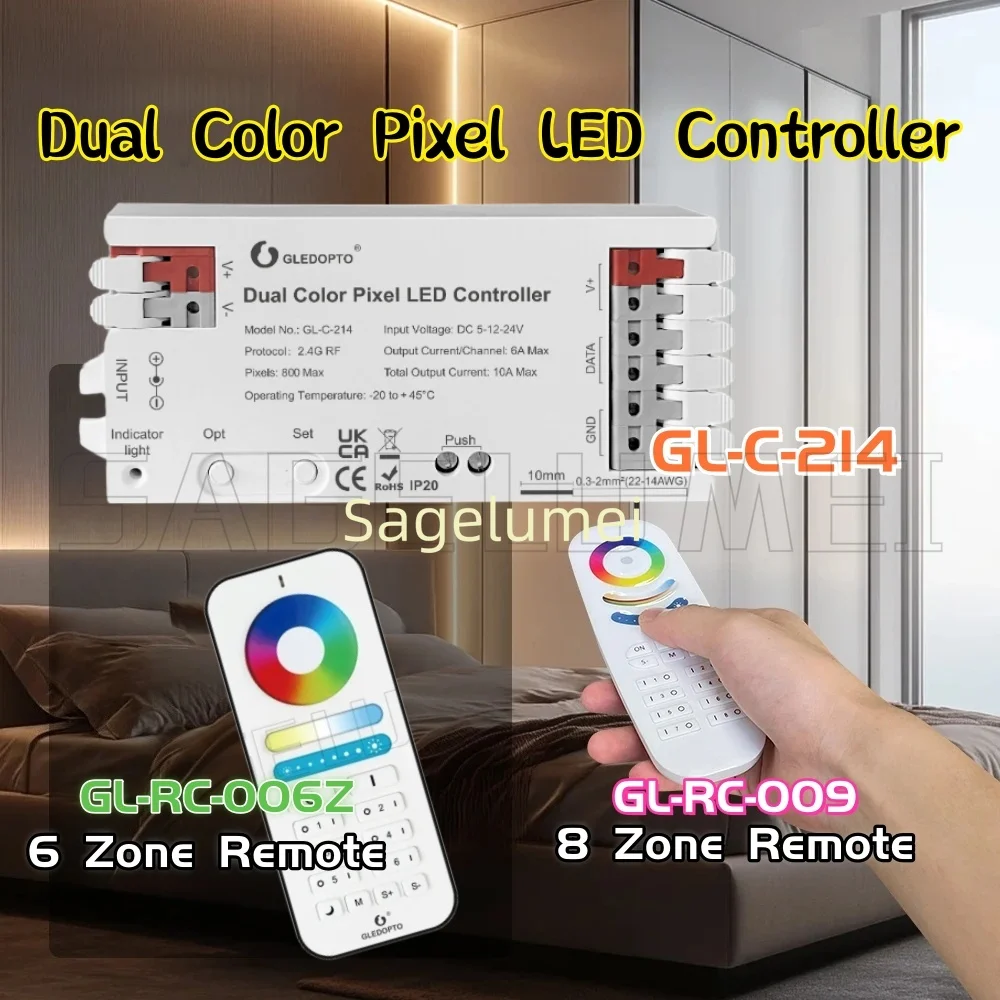 

GL-C-214 GL-RC-009/006Z 2,4G RF Пиксельный светодиодный контроллер Двухцветный диммер WWCW Белый свет Динамический порт Wago Connect Horse Racing