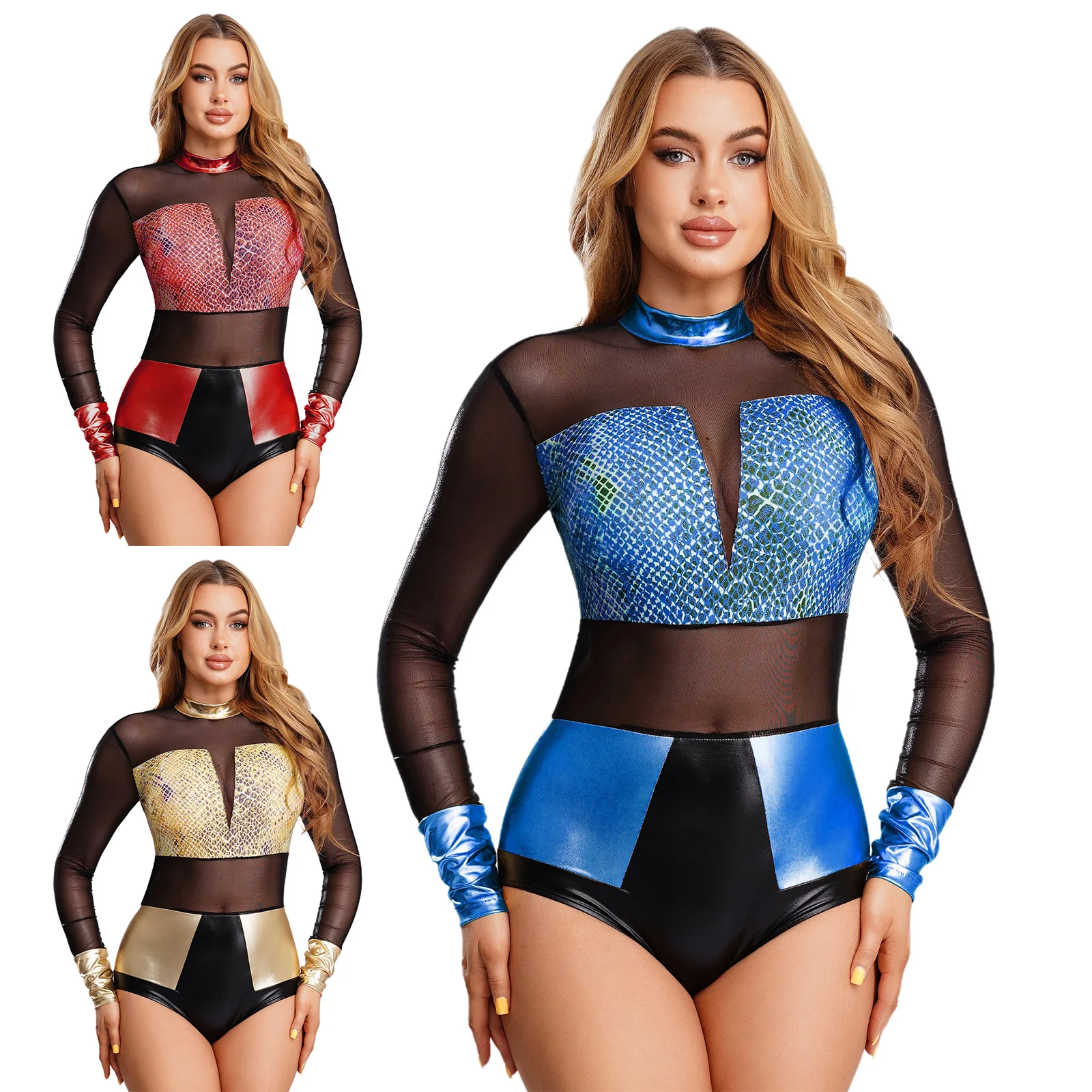 

Womens Disco Dance One Piece Bodysuits Snakeskin Pattern Print Mesh Patchwork Long Sleeve Backless Leotard Rave Party Outfits